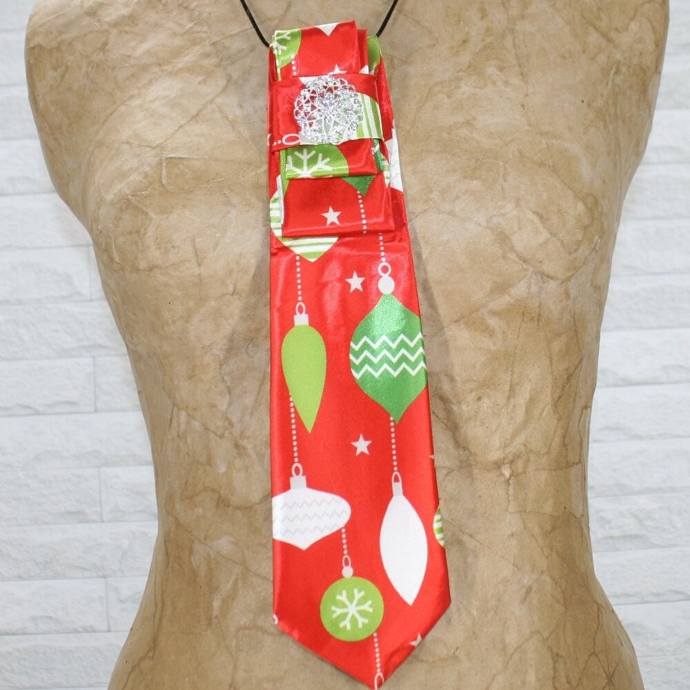 UPCYCLED Neck Tie Necklace Brooch Christmas Ornaments Holiday Accessory Red